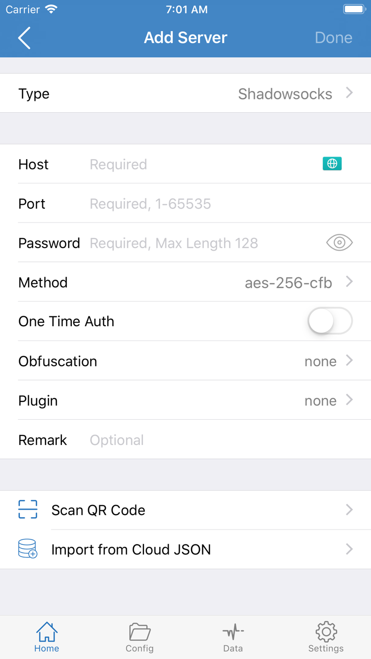 ShadowrocketのAdd Server画面。Type、Host、Port、Password、Methodと読み込み方法を表示