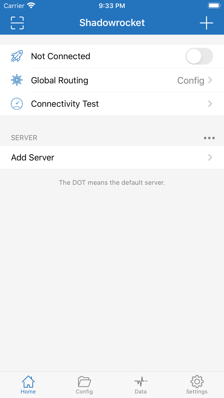 ShadowrocketのHome画面。上部にNot Connected、その下にGlobal Routing、Connectivity Test、SERVER、Add Serverを表示