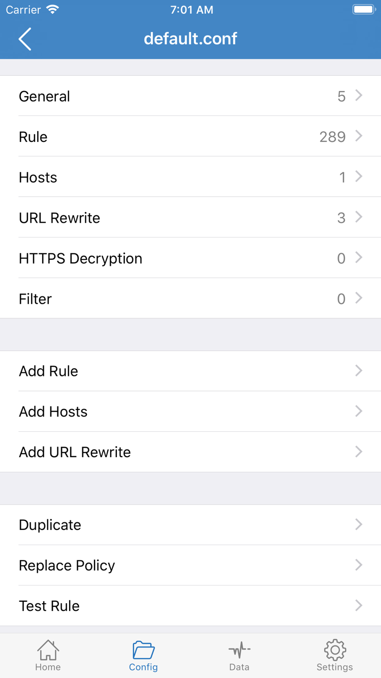 ShadowrocketのConfig設定ファイル編集画面。General、Rule、Hosts、URL Rewrite、HTTPS Decryption、Add Ruleを表示